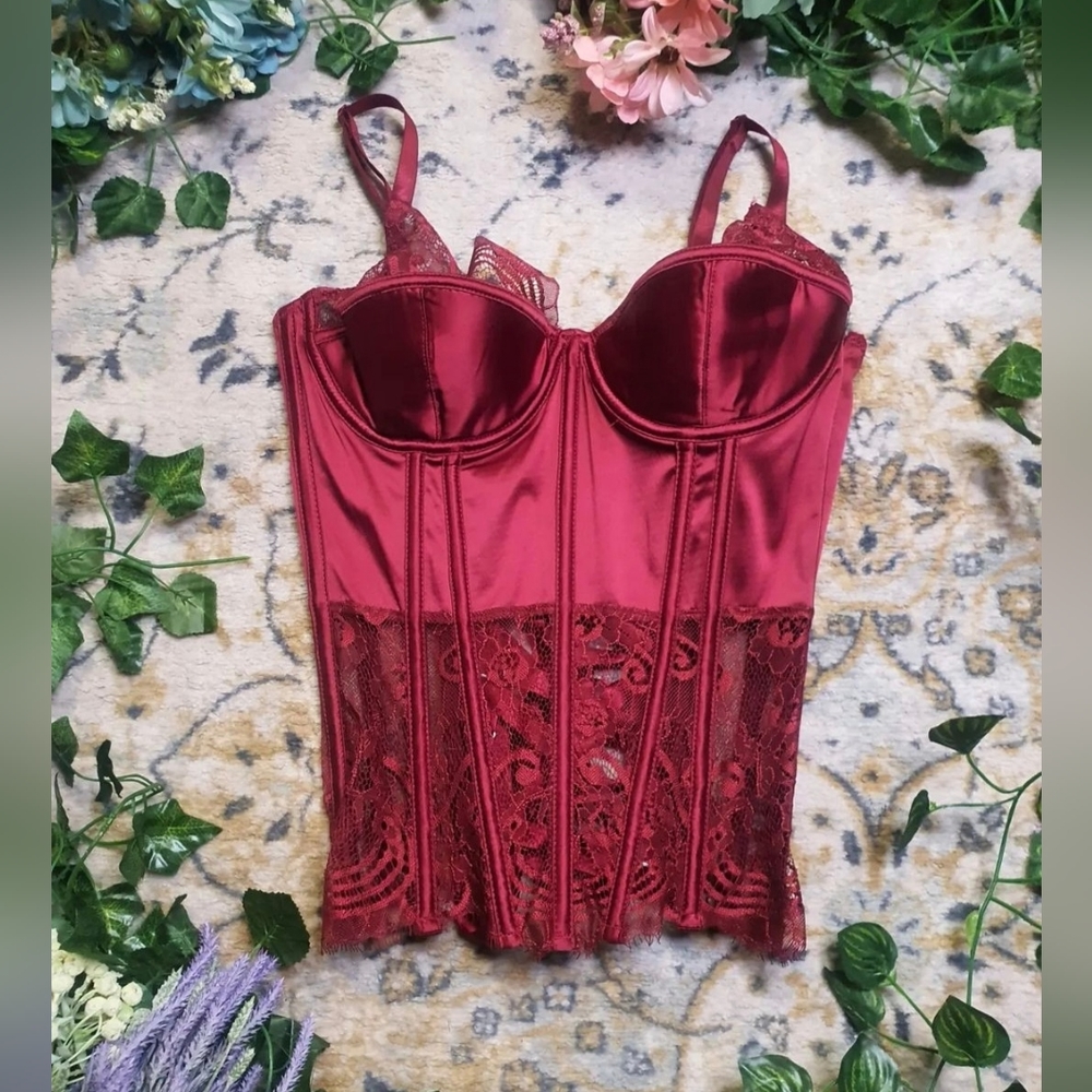 Coquette crimson satin lace detailed corset top